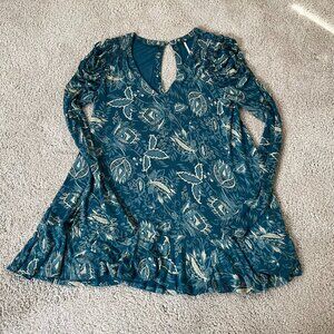Free People Hello Lover Teal Tunic Dress Ruched Sleeves Women's Size S